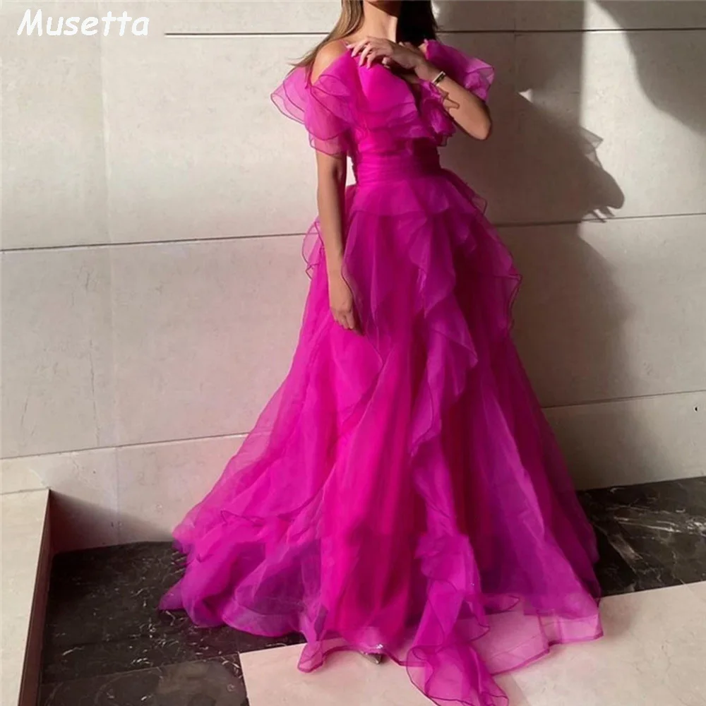 

Женское платье на тонких бретельках Musetta, розово-красное арабское платье для выпускного вечера, многослойное платье А-силуэта с оборками в несколько рядов