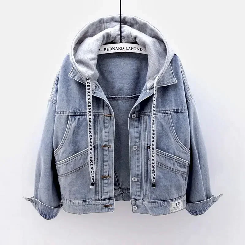 

Blue Deconstructable Hooded Turn-down Collar Denim Jacket Women Loose Button Patchwork Outwear Jean Coat Female