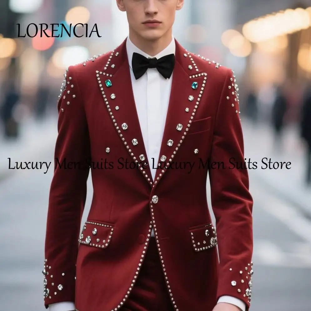 Elegant Jewelry Suits for Men 2 Pieces Single Breasted Tuxedos Evening Party Outfits Customized Jacket Pants roupas masculinas