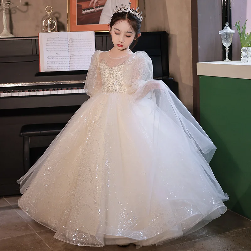 

Elegant Formal Champagne Sparkly Exquisite Sequins Dress Girls Clothing Wedding Evening Dresses Princess Party Gown