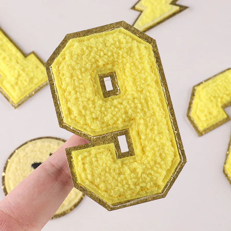 3 Pack Chenille Iron On Glitter Varsity Letter V Patches - Yellow  Chenille Fabric With Gold Glitter Trim - Sew or Iron on - 8 cm Tall