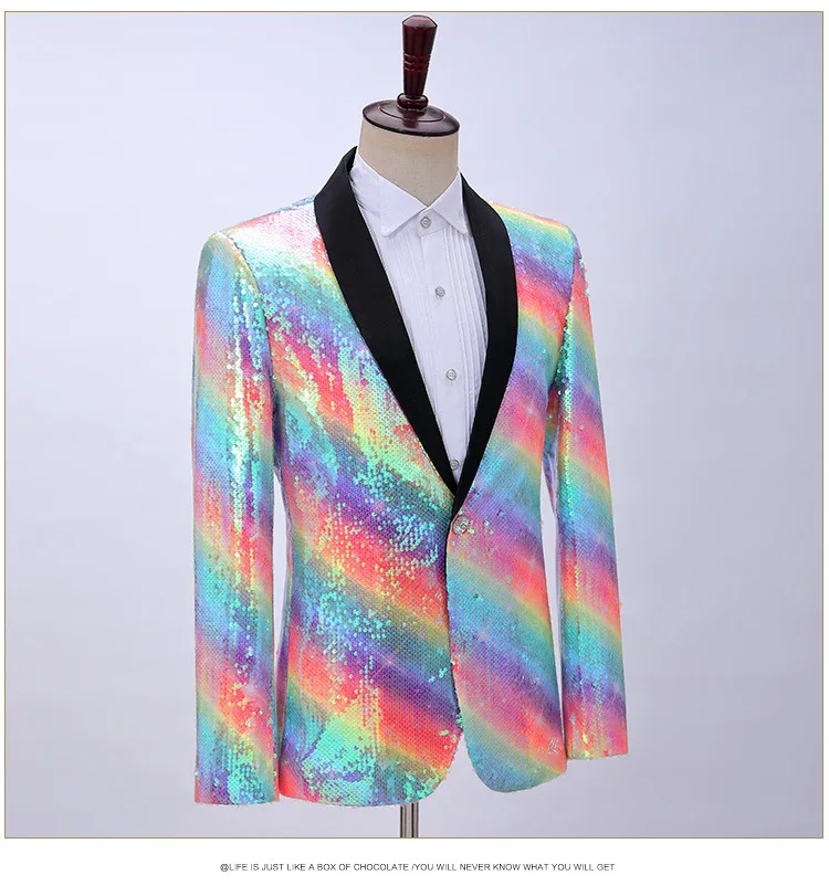 2023 New Men Rainbow Sequin Suit Jacket Long Sleeve Single Button Male Banquet Blazer Fashion Luxury Bar Stage Prom Party Cotume