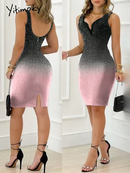 Bodycon Dress Women Elegant Ball Gowns Spring Summer V Neck Ombre Colorblock Contrast Lace Glitter Sleeveless Mini Party Dresses