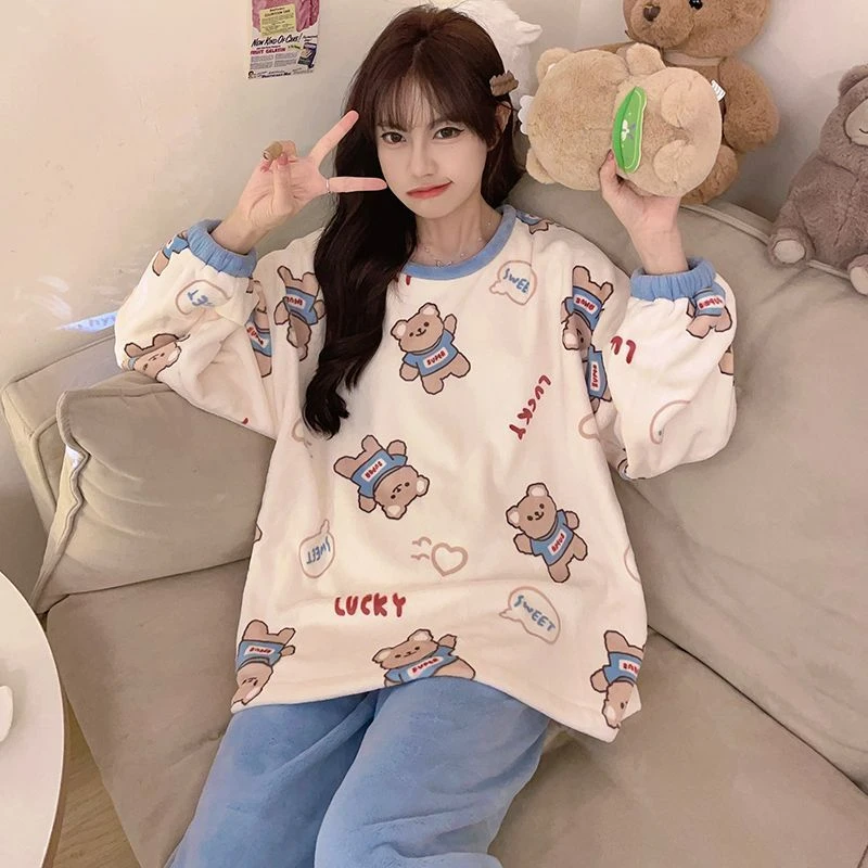 

Round Neck Cartoon Pajamas Autumn Winter Fleece-Lined Warm Women's Sleepwear Set Student Sweet Flannel Loose Homewear Suit 2024