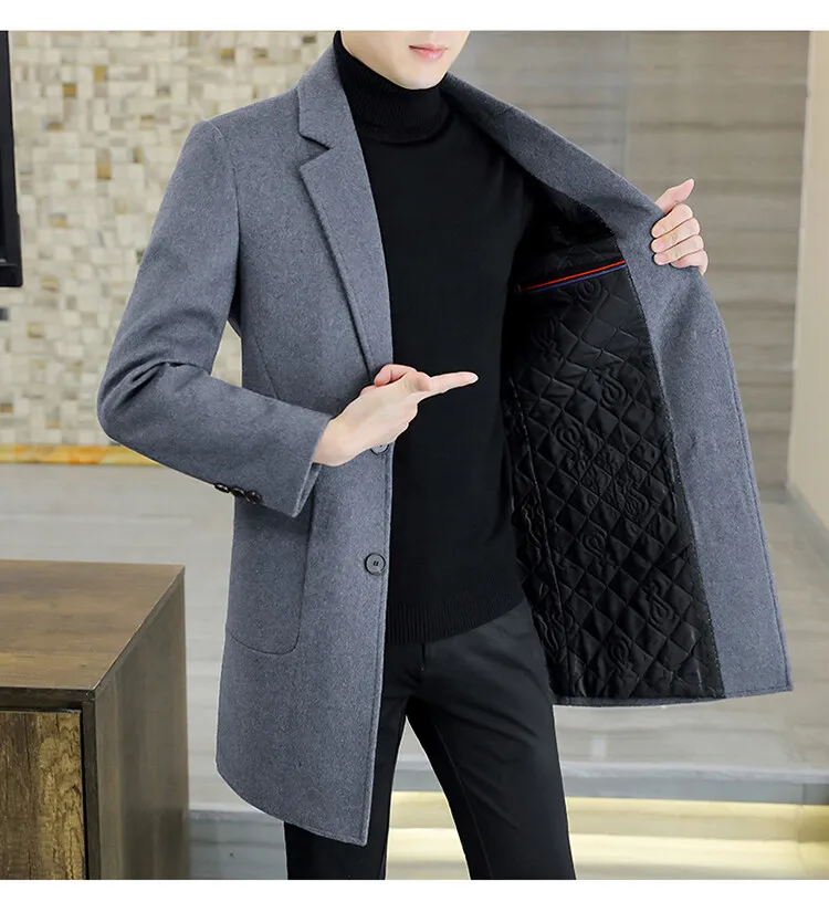 Business Casual Herren Mittellange Wollmäntel Herbst Winter Klassischer Dicker Warmer Woll-Überzieher Einfarbige Winddichte Jacken – Detail 11