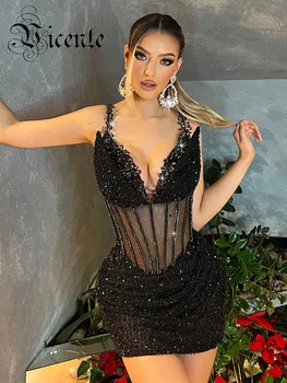 여성용 VC 짧은 글리터 드레스, 섹시한 V넥 민소매, 럭셔리 스팽글 디자인, 파티웨어, 2023 여름