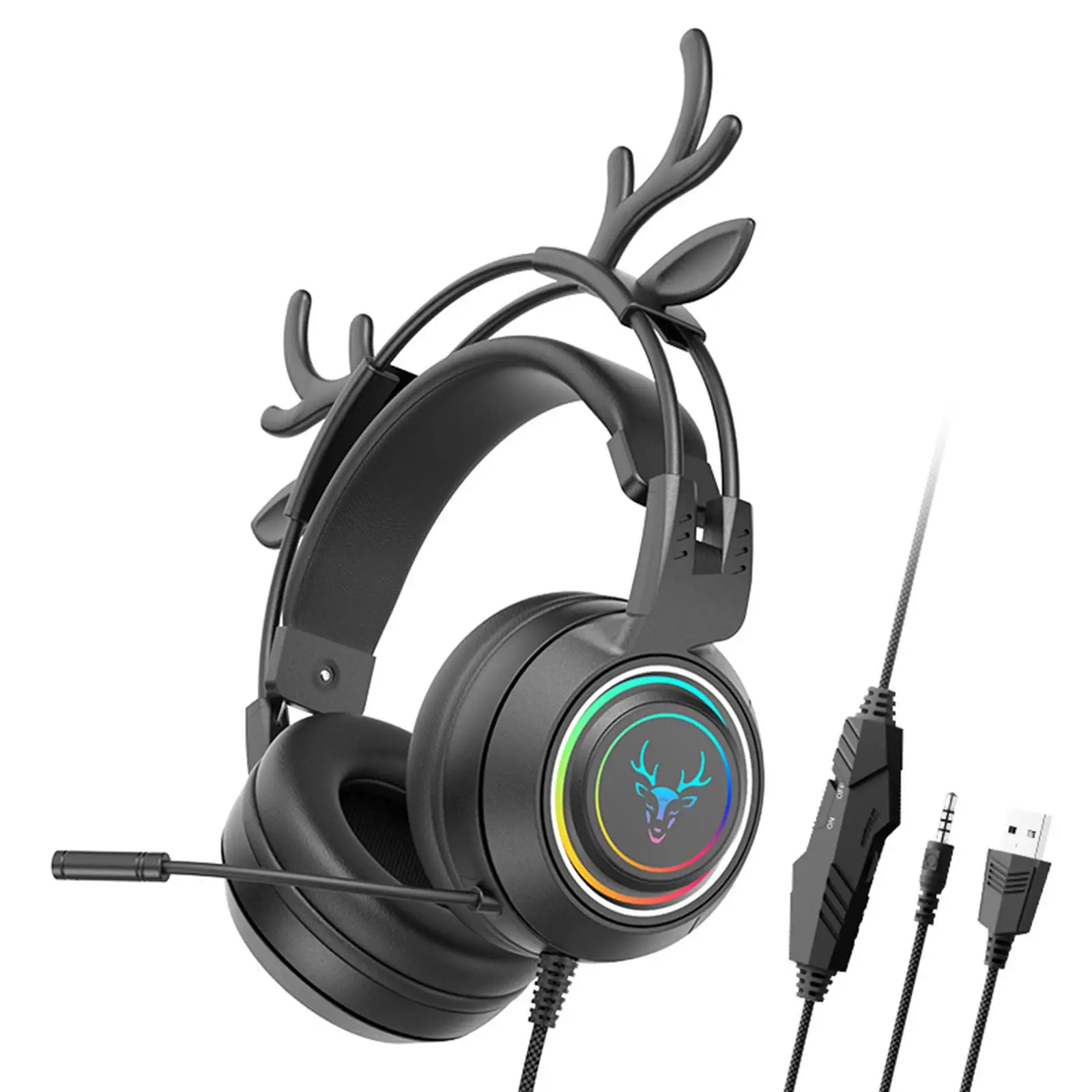 Immersive Wired Gaming Headset with Rotatable Microphone and Detachable Antlers