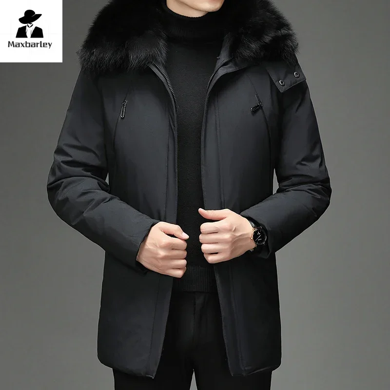Men Luxury Winter Down Jacket Business Soft Comfortable Big Fur Collar Hooded Feather Duck Puffer Jacket