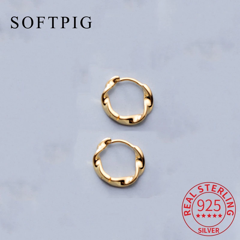 SOFTPIG Real 925 Sterling Silver Minimalist Twist Round Hoop Earrings For Fashion Women Party Fine Jewelry Punk Accessories