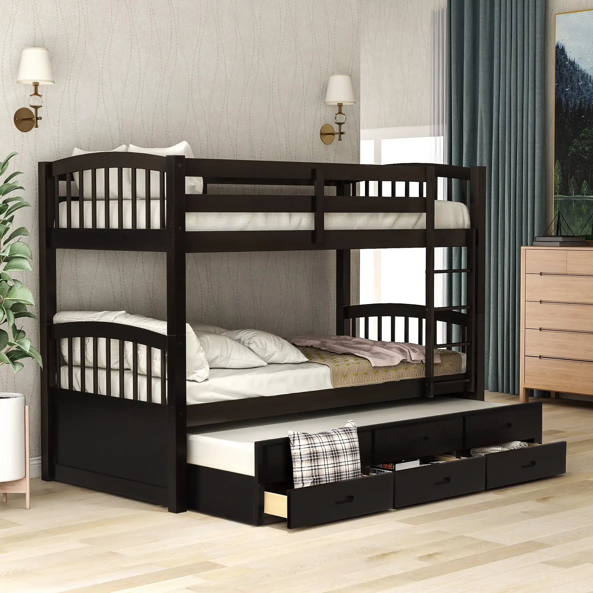 

Euroco Twin Over Twin Wood Bunk Bed with Trundle and Drawers for Bedroom, Dark Brown