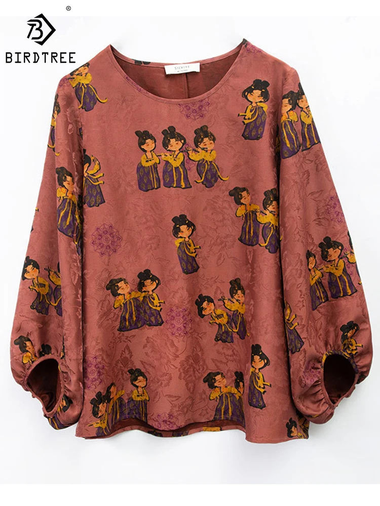 

Birdtree 100%Mulberry Silk Jacquard Flower Shirt Loose Vintage Crewneck Print Balloon Sleeves Casual Blouse Women New T39445QD
