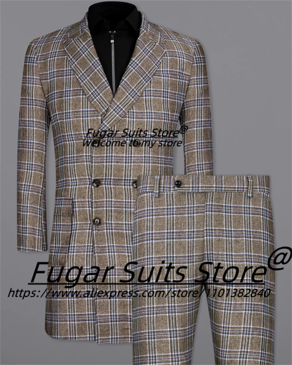 Business Plaid Long Men Suits Custome Made double-breasted Groom Formal Tuxedos 2 Pieces Sets Classic Male Blazer Ropa Hombre