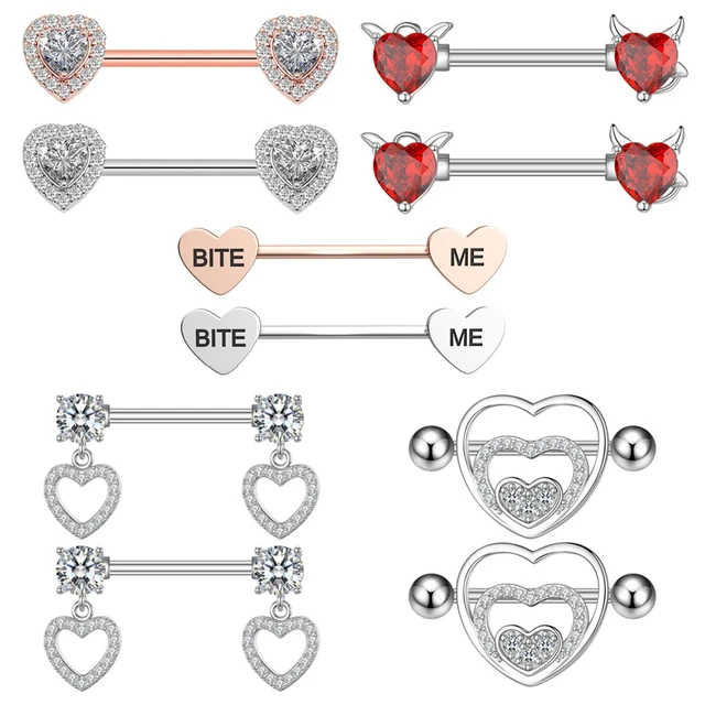 2pcs/set Perfect Piercing Rhinestone Heart Decor Nipple Ring Stainless  Steel For Women & Men No Piercing Needed Septum Body Jewelry