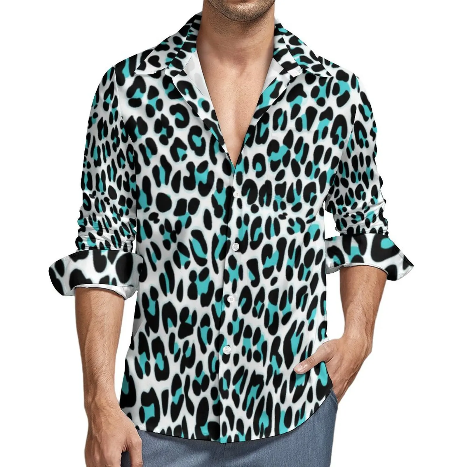 

Leopard Print Casual Shirt Male Blue and Black Y2K Funny Shirt Spring Vintage Blouse Long Sleeve Custom DIY Oversized Clothes