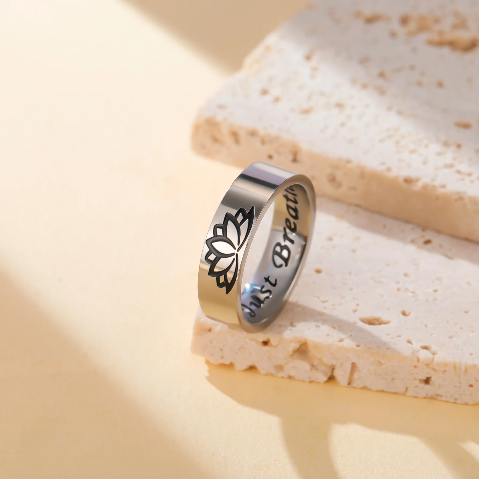 COOLTIME Just Breathe Ring für Männer Frauen Blume Lotus Edelstahl Ring Buddhismus Buddha Schmuck Geschenke Großhandel – Detail 12