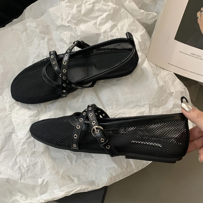 Hollow Out Mesh Ballet Flats Shoes Women Cross Buckle Strap Elegant Black Mary Janes Shoes Female Daily Casual Loafers Trend 5