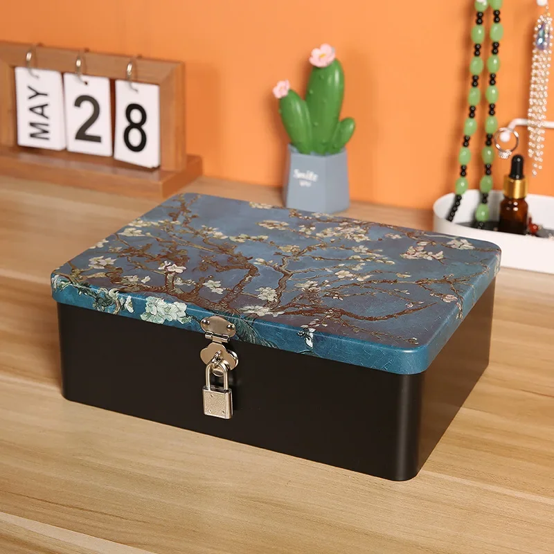 Vintage Tinplate Lockable Storage Box Desktop Storage Cosmetics Sundry Household Jewelry