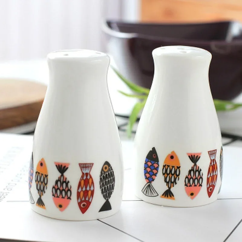 Spice Jar Seasoning Jar Seasoning Bottle European Style Danish Blue Fish 3 Hole 5 Hole Ceramic Spice Bottle Home Kitchen Supplies Pepper Cumin Barbecue Seasoning