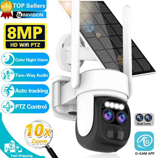 4K 8MP Dual Lens WIFI Solar Camera Outdoor 10X Optical Zoom Two-way Audio Color Night Vision Bulit-in Battery Security Camera 1