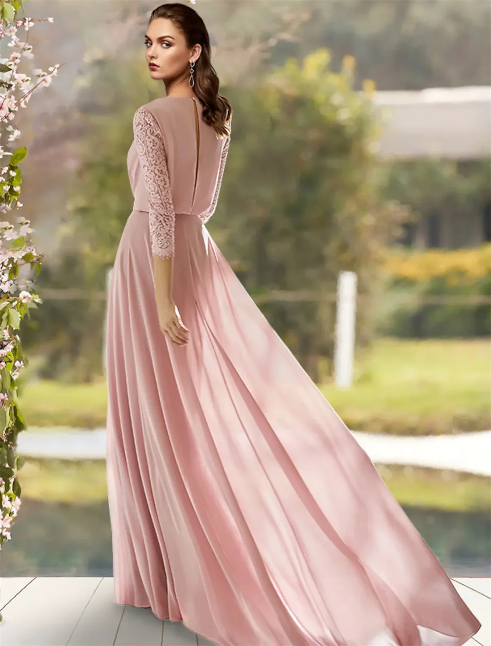 A-Line Mother of the Bride Dress Elegant V Neck Floor Length Chiffon Lace 3/4 Length Sleeve with Pleats elegant dress women for