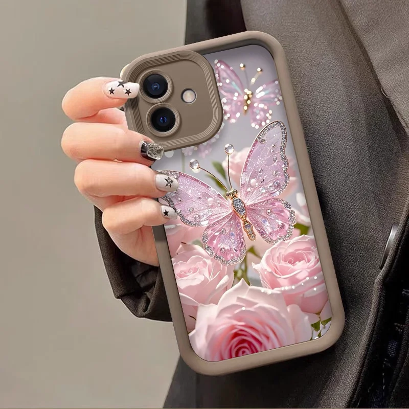 Luxury Romantic Butterfly & Pink Rose Phone Case - Shockproof Soft TPU Bumper Cover