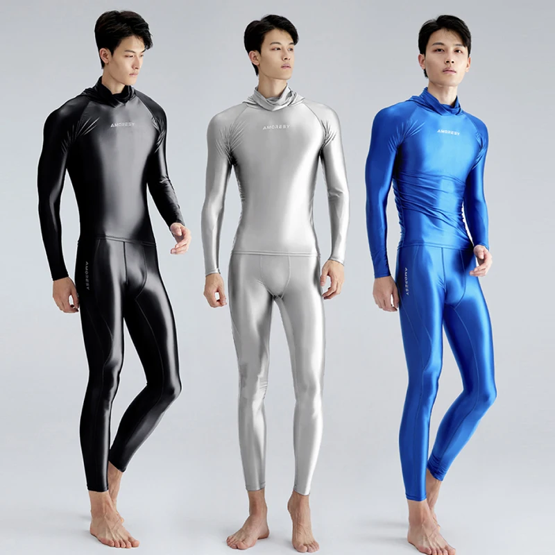 Men Silk smooth glossy swimsuit Tight pants surfing quick drying long sleeved Hooded top fitness Breathable body suits men swimsuit male swim rash guard