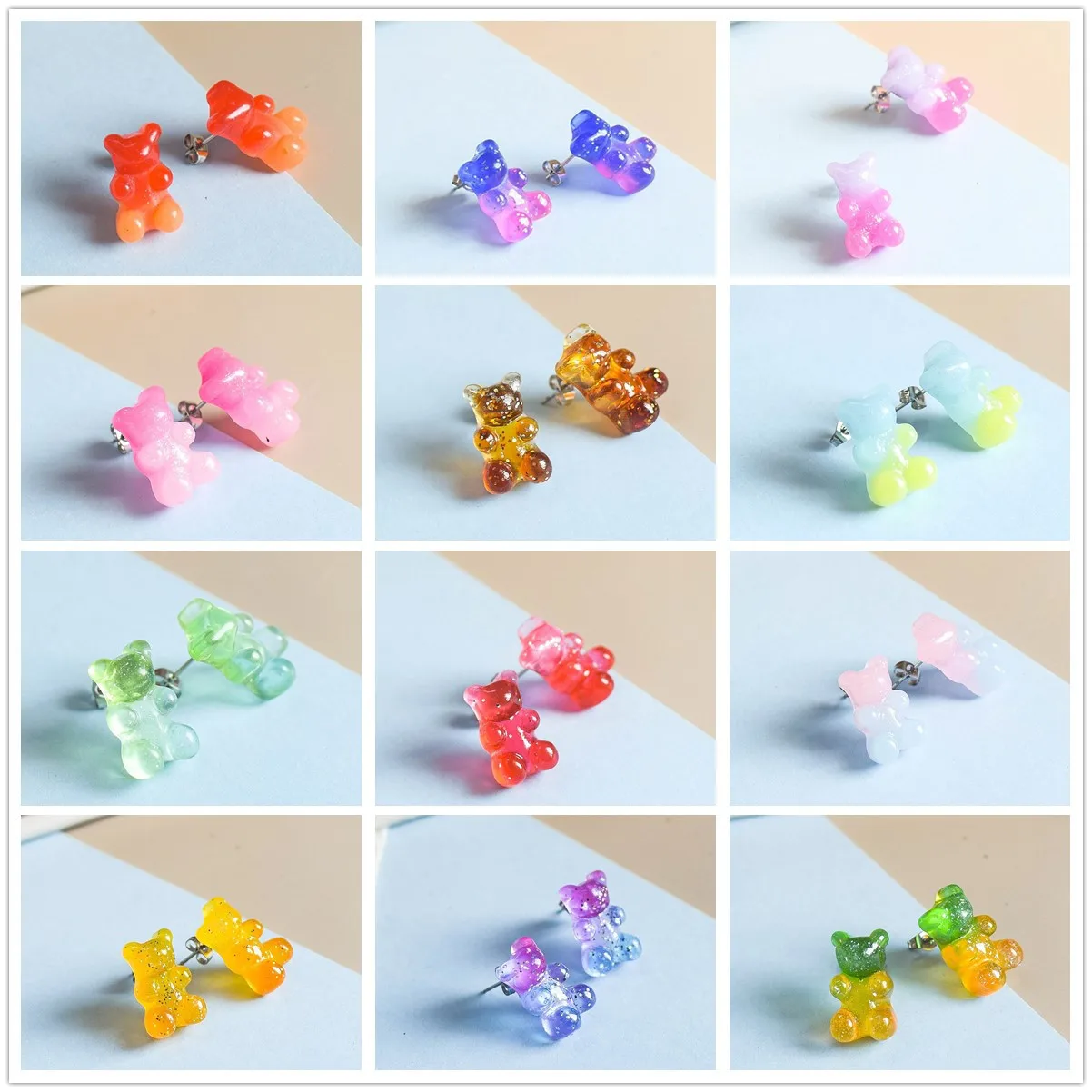 Orecchini A Bottone Con Orsetti Gommosi All'Ingrosso Per Donne Adolescenti Ragazze Colore Sfumato Orecchino Con Paillettes Orecchini Gioielli Di Moda 