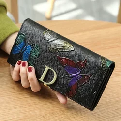 Embossed Genuine Leather Women's Retro Long Clutch Wallet (Butterfly)
