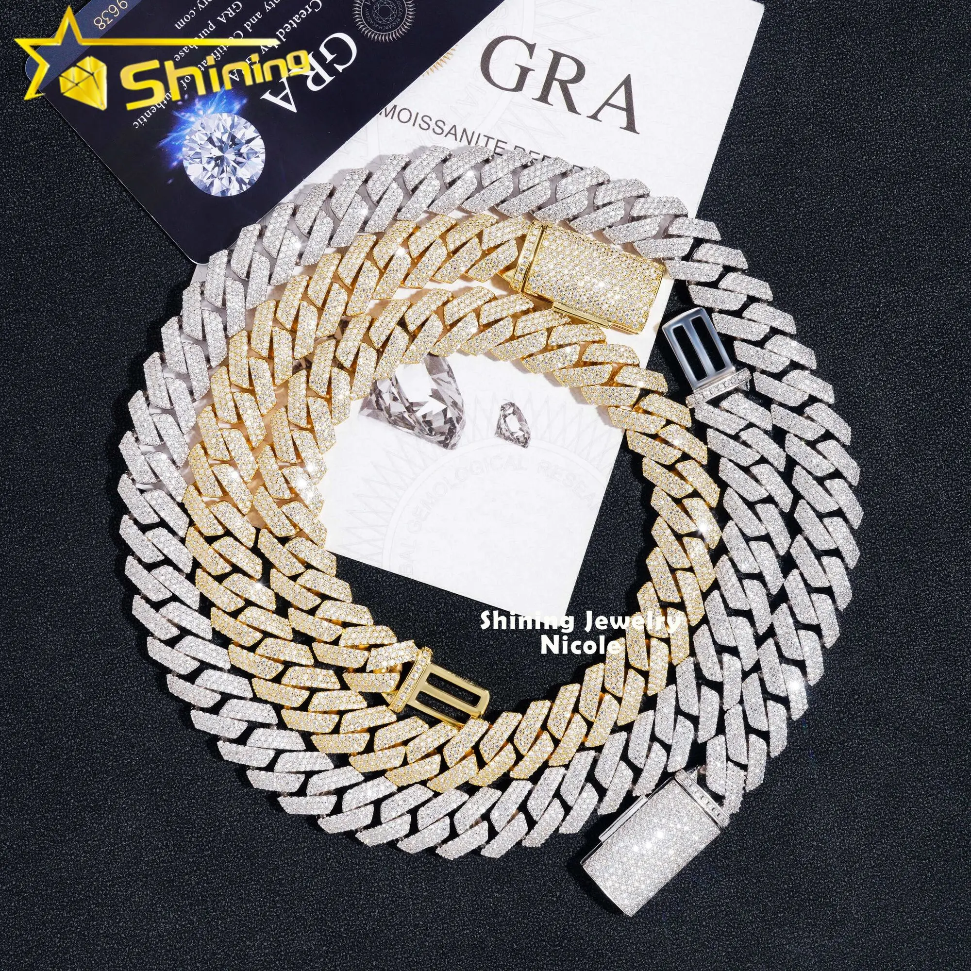 

Hot Selling Regular Three Rows Prong Setting 14mm Silver 925 Moissnaite Cuban Link Chain