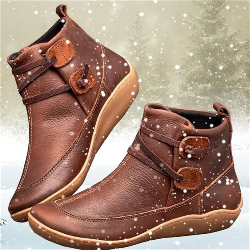 

Women Autumn and Winter Shoes Boots Flats Lace-Up Solid Color Pu Ankle Boots Vintage Cut-Out Waterproof Warm Short Booties