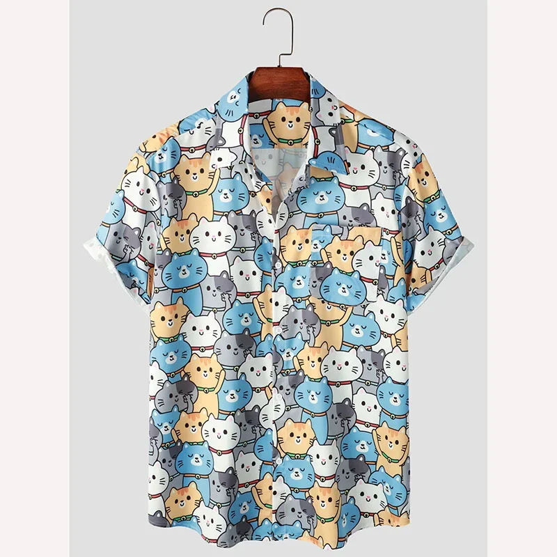 

Гавайская рубашка для мужчин, милая свободная Пляжная футболка с 3d-рисунком кота из мультфильма, с короткими рукавами, на пуговицах, одежда для отдыха, лето