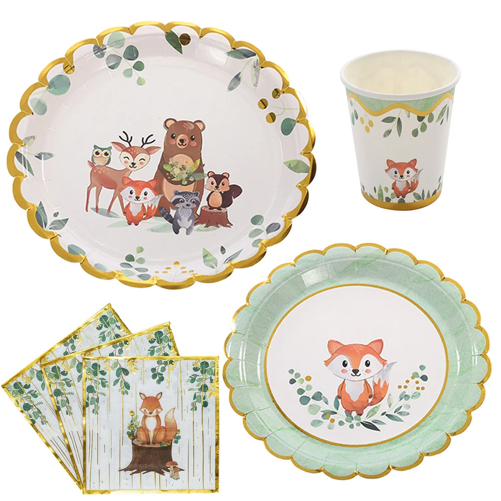Woodland Fox Geburtstagsparty-Zubehör, Geschirr, Fuchs, Babyparty, Dekorationen, Geschirr, Pappteller, Tasse, Serviette, Einwegbesteck