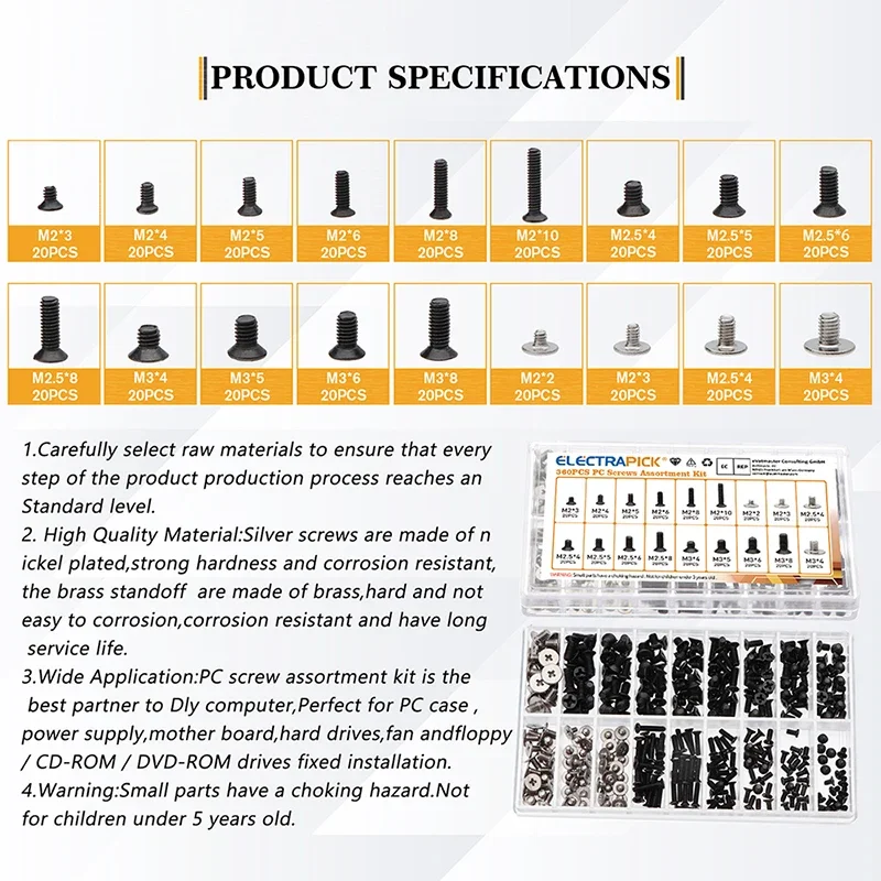 360PCS Flat Head Screws Replacement Kit M2 M2.5 M3 Machine Screws for Dell Sony IBM HP Lenovo Notebooks and Laptops
