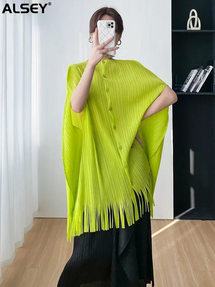 

ALSEY Miyake Pleated Tassel Single Breasted Cardigan Women's Dress Jacket Summer New Korean Casual Plus Size Simple Outwe Shirt