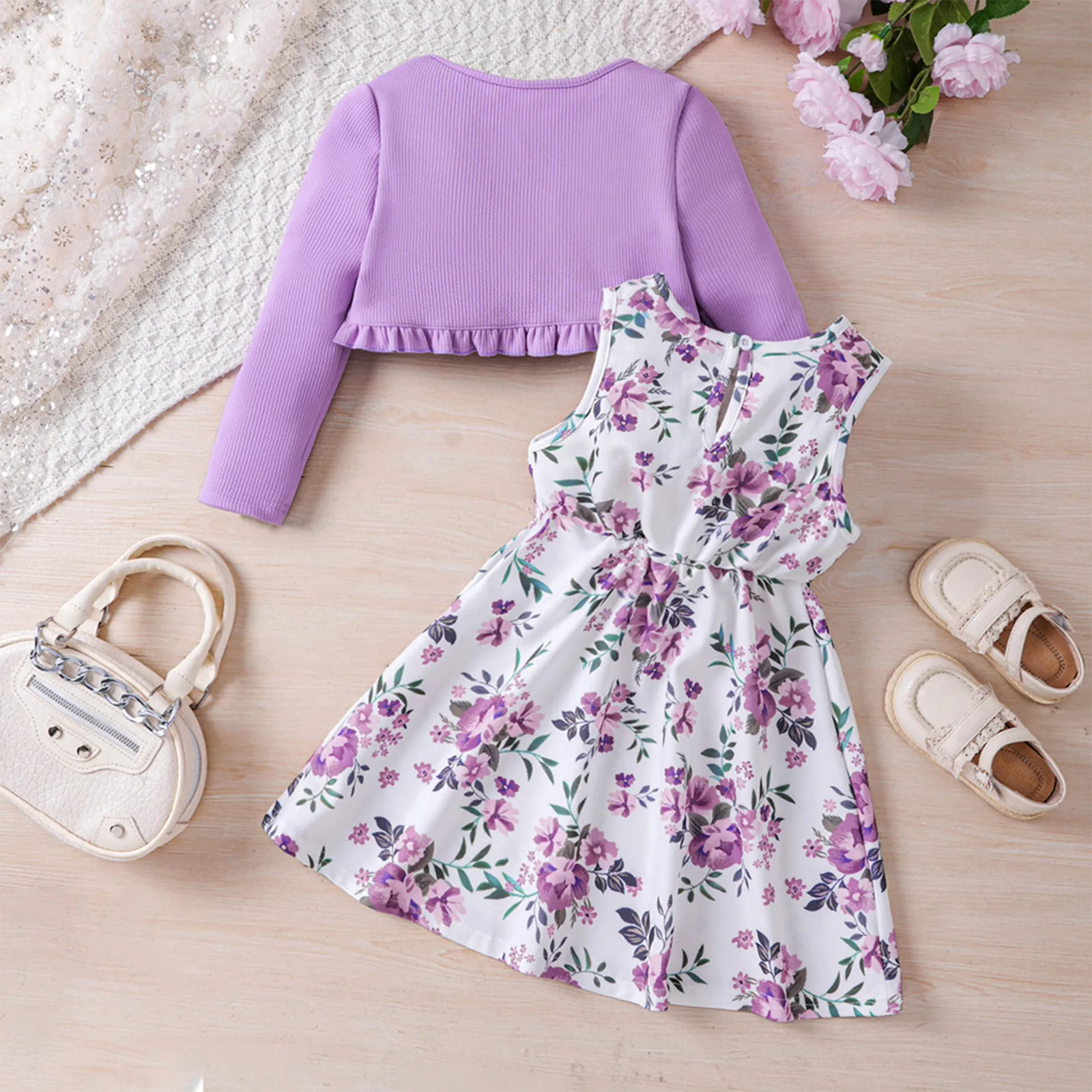 Kids Toddlers Girls Spring Dress Sleeveless Floral Print Sundress with Long Sleeve Ruffle Cardigan Coat Birthday Party Outfits - Image 3