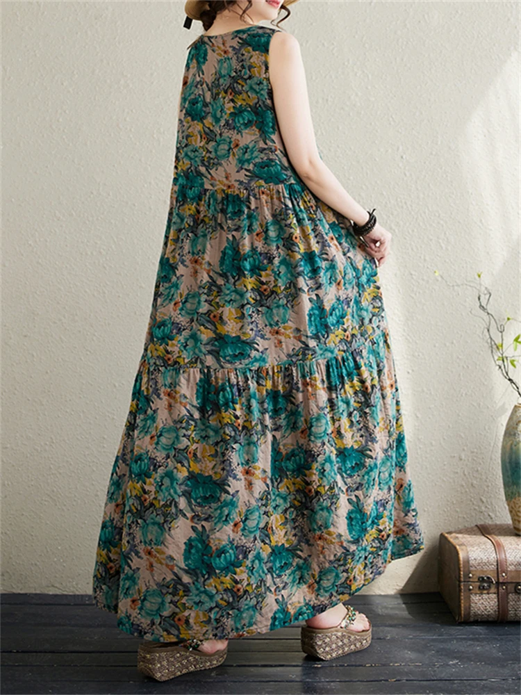 Cotton Vintage Casual Sleeveless Green Print Dresses For Women 2025 New Summer Dress Femme Robe Vestidos Elegant Long Clothing