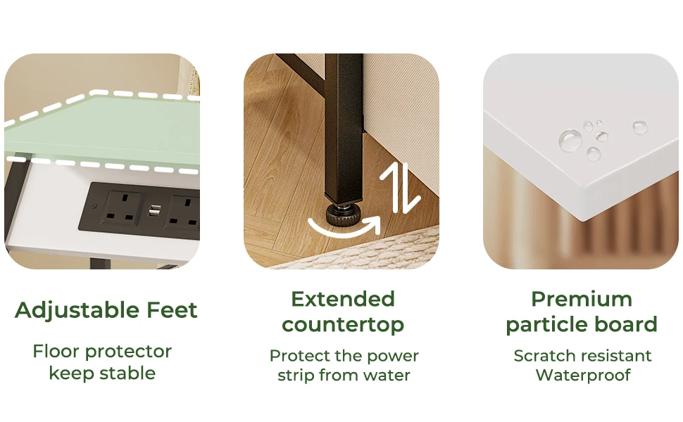 The Bedside Table has Adjustable Feet, Premium Particle Board and Extended Countertop