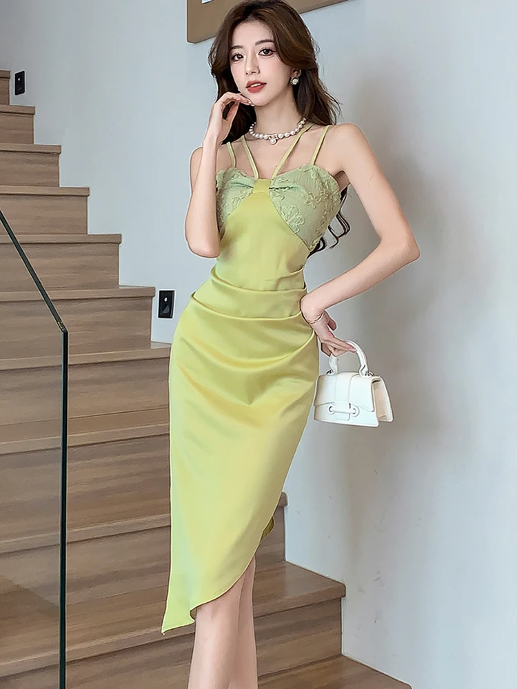 

Women Green Patchwork Embroidery Chic Sling Dress 2024 Korean Vintage Luxury Evening Dresses Summer Fashion Bodycon Prom Clothes