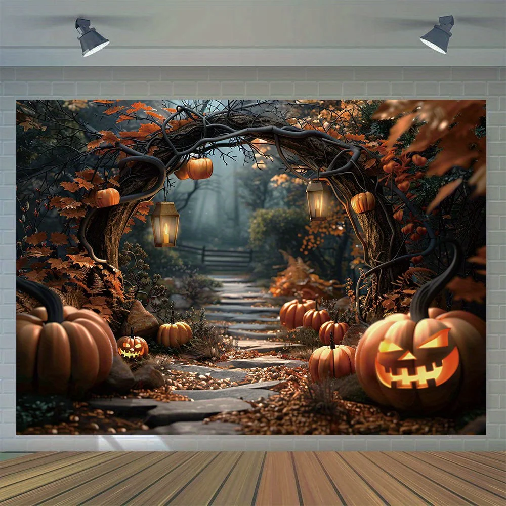 Ein Foto, Halloween-Fotografie-Hintergrund, Herbst-Ahornwald-Horror-Kürbismuster, lebensechte Banner-Dekoration