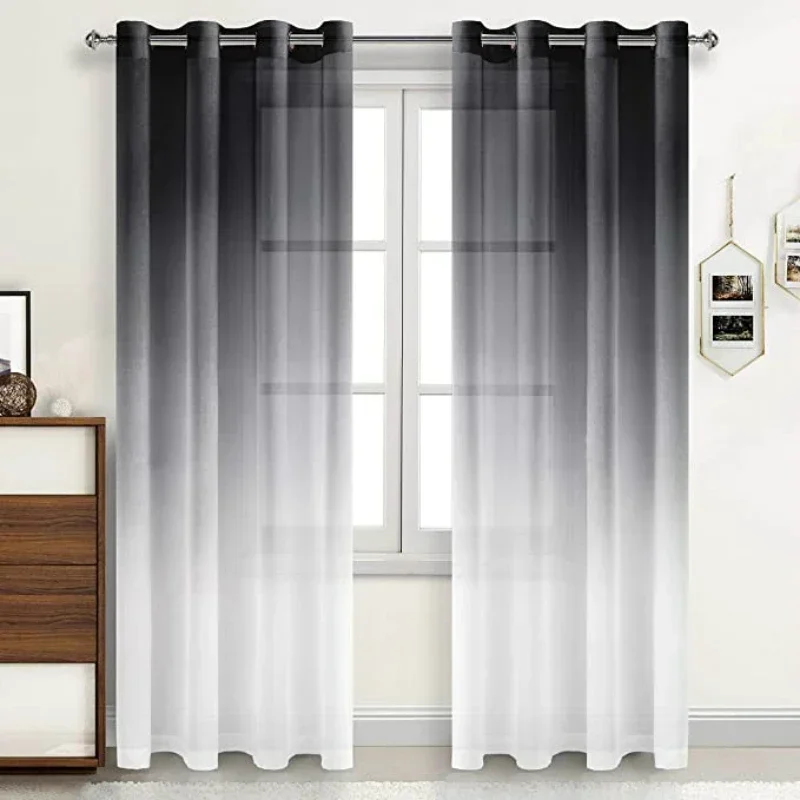 Gray Gradient Linen Tulle Curtains for Bedroom Living Room  Window Drapes Treatment Screen Room Decor