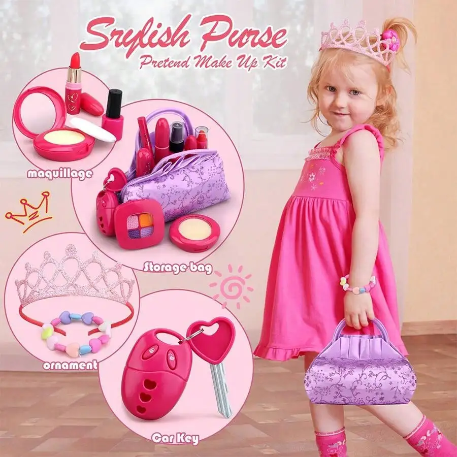 Girl Pretend Makeup for Kids,Fake Make Up Toys for Little Girls with Princess Purse, Toddler Makeup Kit,Girls Birthday Gifts(Acc