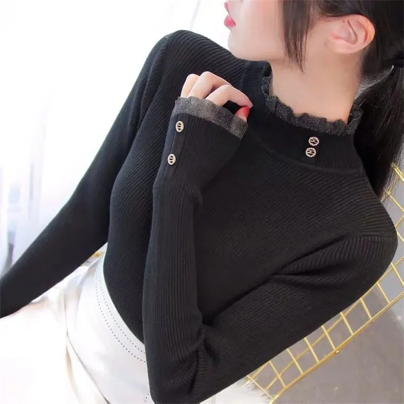 

Женская водолазка с длинным рукавом, кружевной свитер, пуловер в стиле Харадзюку, Женский вязаный свитер, облегающий эластичный Корейский простой базовый джемпер, топы