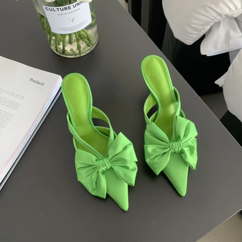 

Женские шлепанцы без застежки, элегантные сандалии на тонком высоком каблуке, с бантиком, модные тапочки, 2023