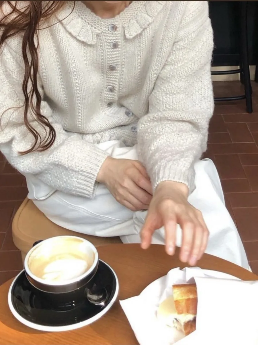 

Solid Color Cropped Cardigan Autumn Single Breasted Long Sleeve Ruffle Collar Sweater Korean Fashion Simple Knitted Outerwear