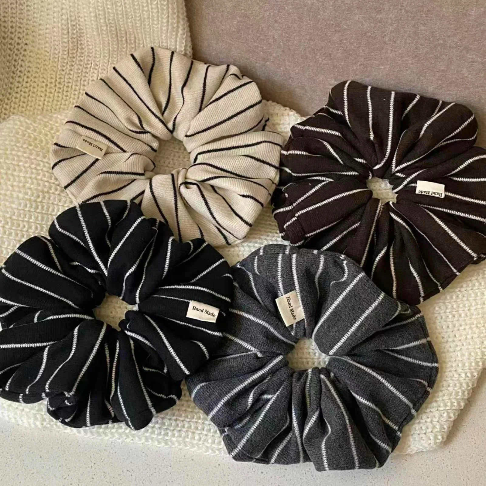 Striped Handmade Neutral Tone Hair Scrunchies - Elastic Bands