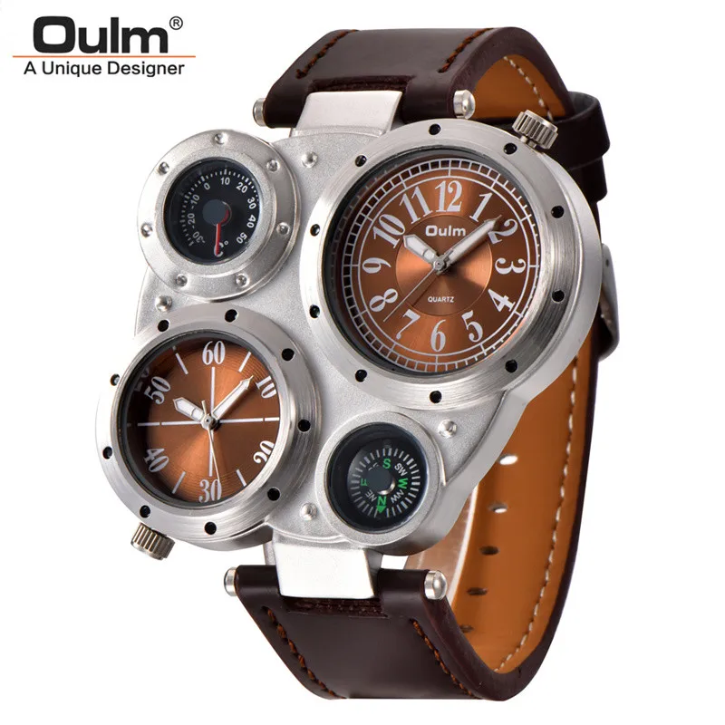 

Fashion Oulm Top Brand Big Face Luxury Original Imported Quartz Men Unique Design Dual Time Decorative Compass Personality Watch