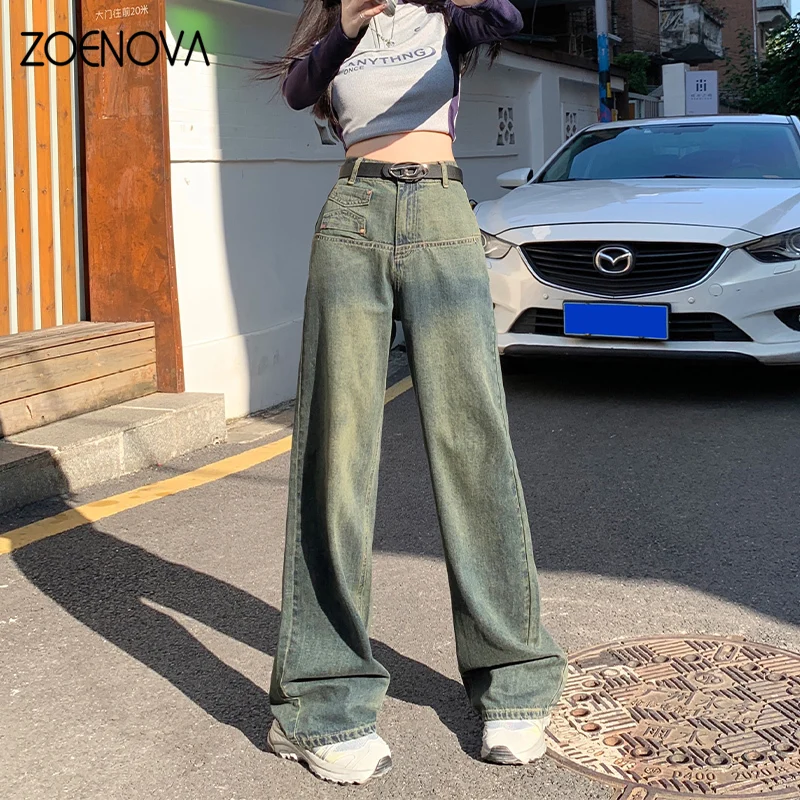 ZOENOVA 아메리칸 레트로 스트리트 2024 용수철 와이드 레그 팬츠, Y2K 향수 90 년대 하이 웨이스트 탄성 스트레이트, 다목적 여성 청바지, 신제품