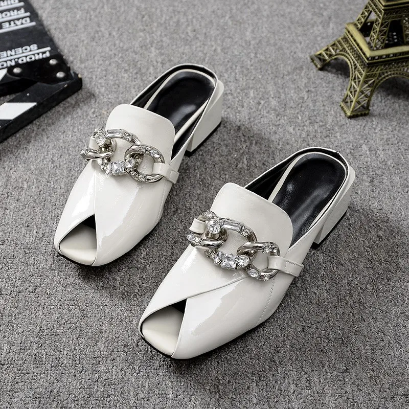 

Brand Designer Women Slippers Fashion Metal Chain Buckle Mules Thick Heels Shallow Shoes Outdoor Slide Female Casual Sandals