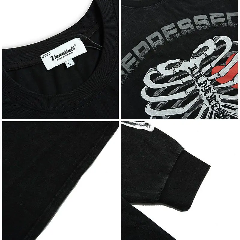 Oversize Pullover T-Shirt Hip Hop Streetwear Sternum Heart Print T Shirt Harajuku Cotton Loose Tshirt Long Sleeve Tops