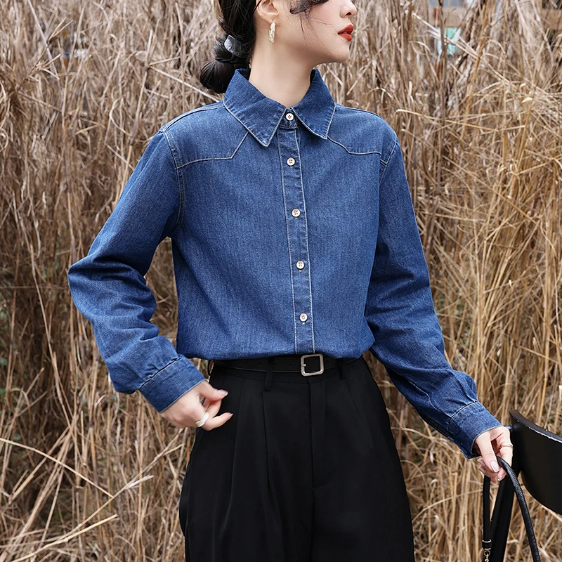Miiiix 한국 패션 데님 셔츠, 레트로 홍콩 풍미, 루즈 긴팔 셔츠, 여성 의류, 디자인 감각